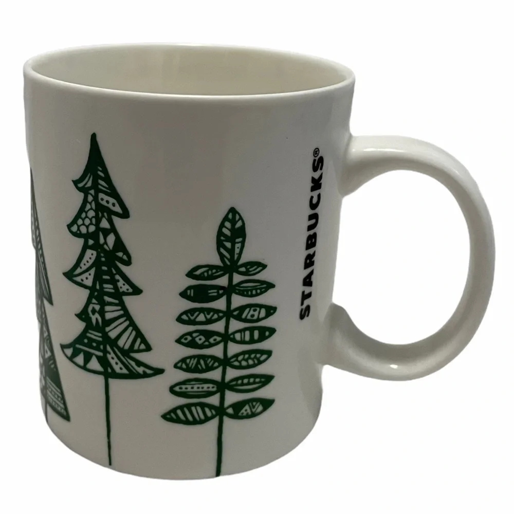 Starbucks 2015 Holiday Mug Green Pine Trees Winter Forest Christmas 12oz